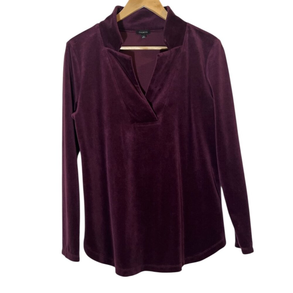 Talbots Luxe Velour Top Women's Medium Collared Pullover Shirt Plum Purple